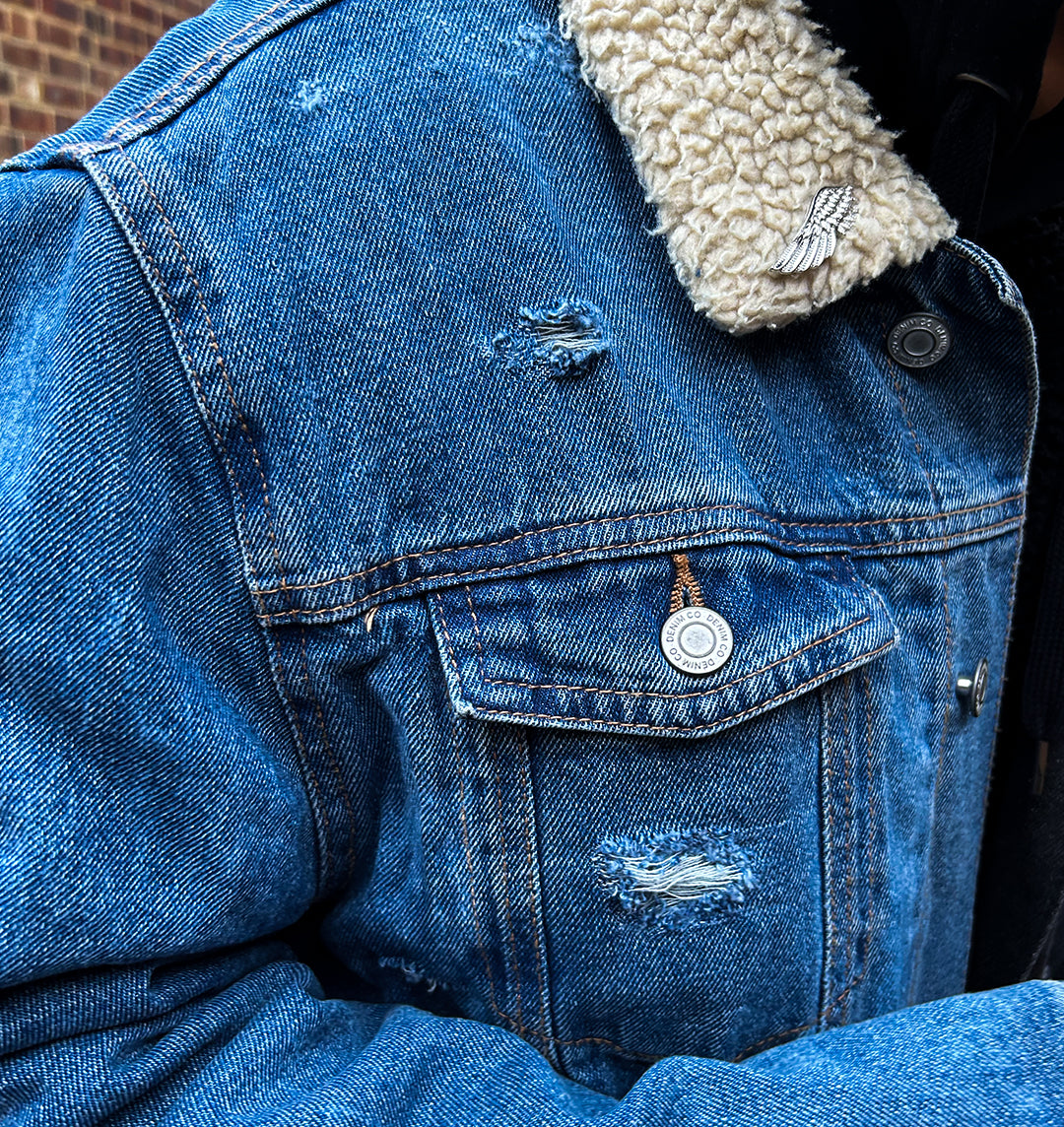 Distressed denim jacket, black and blue, unisex