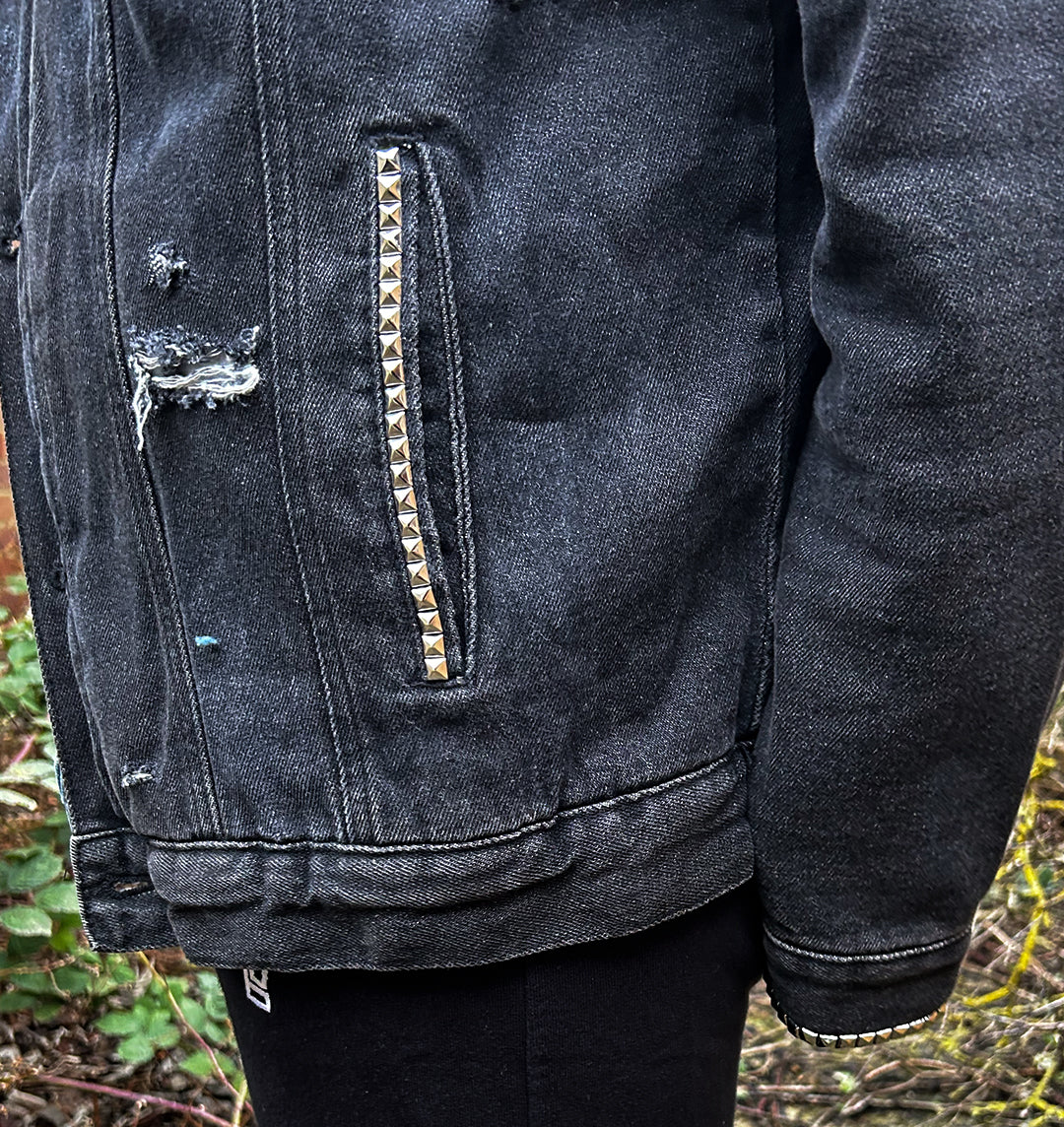 Hand studded pockets on upcycled denim jacket - black and blue