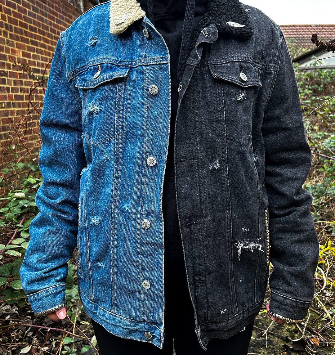 Upcycled patchwork denim jacket by BRICK + BONE