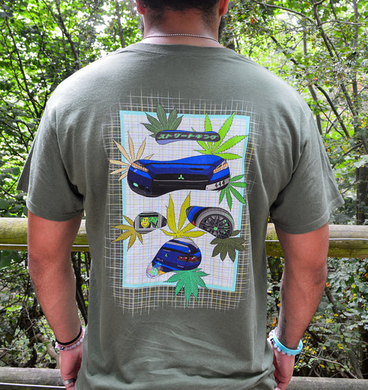 Khaki tshirt with bold graphic of a mitsubishi evolution FQ400 and weed leaves