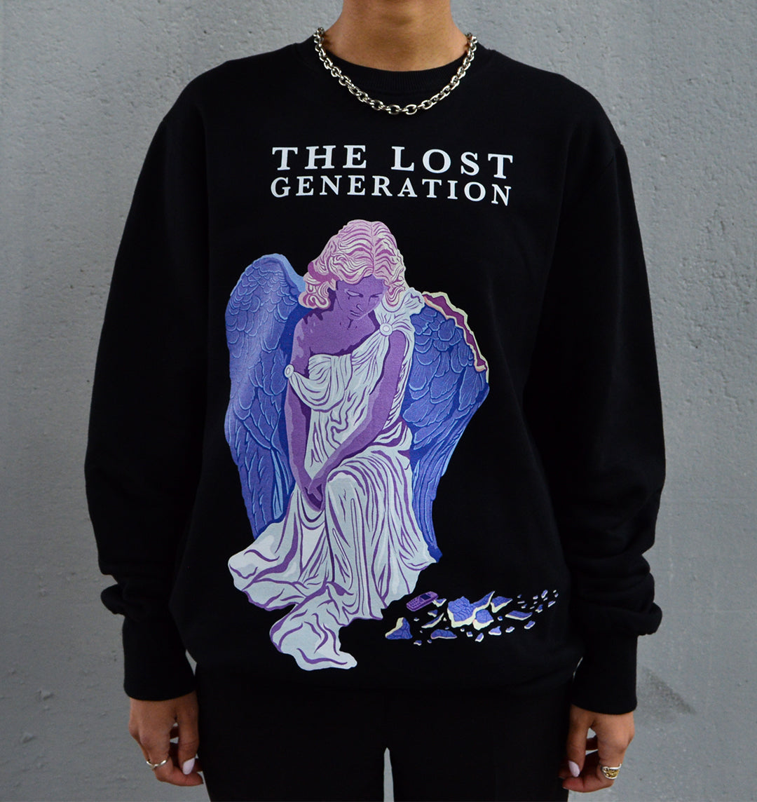 BRICK + BONE lost generation sweatshirt with colourful graphic of an angel on front