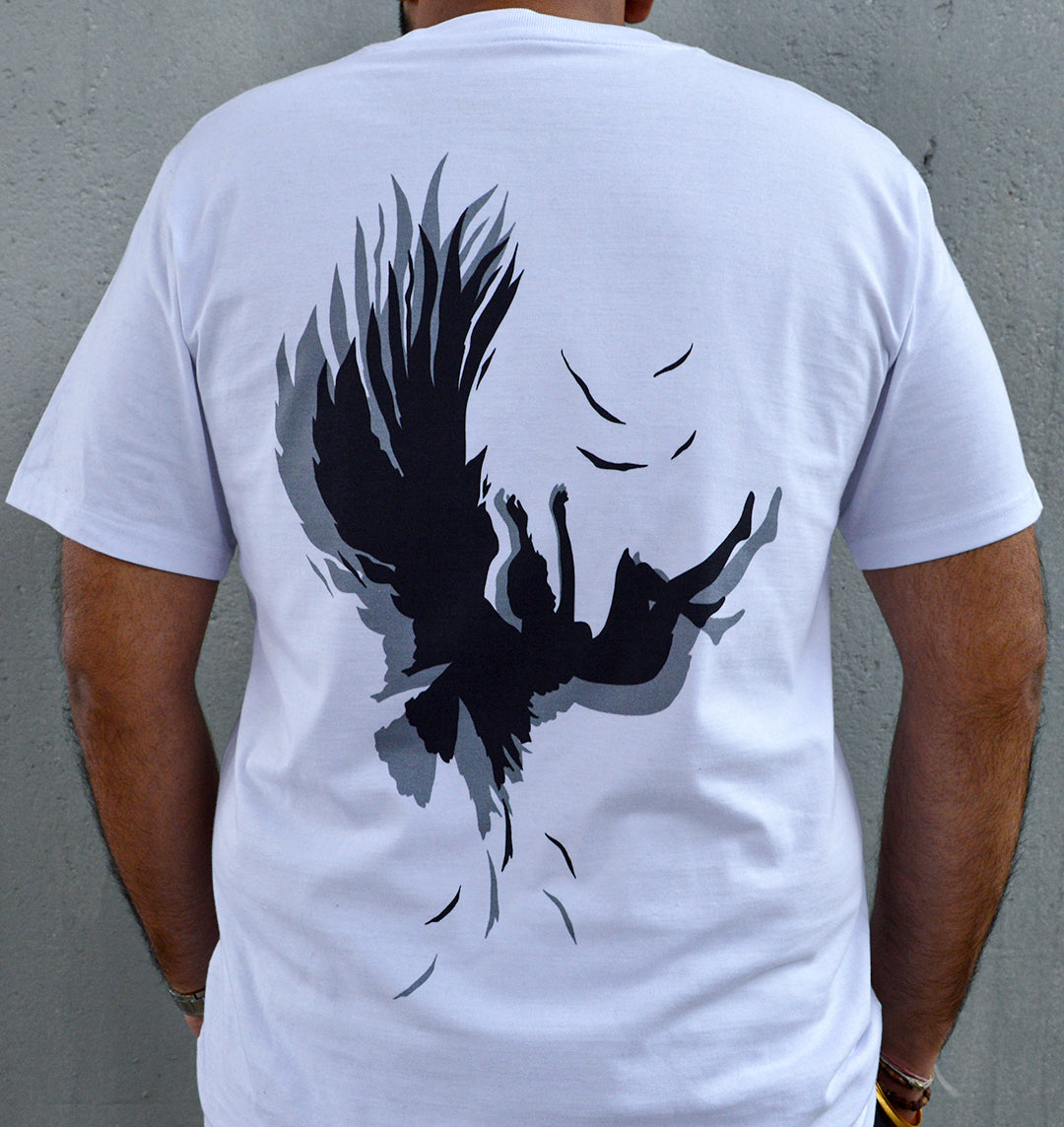 Brick and bone t-shirt with a falling angel silhouette on the back